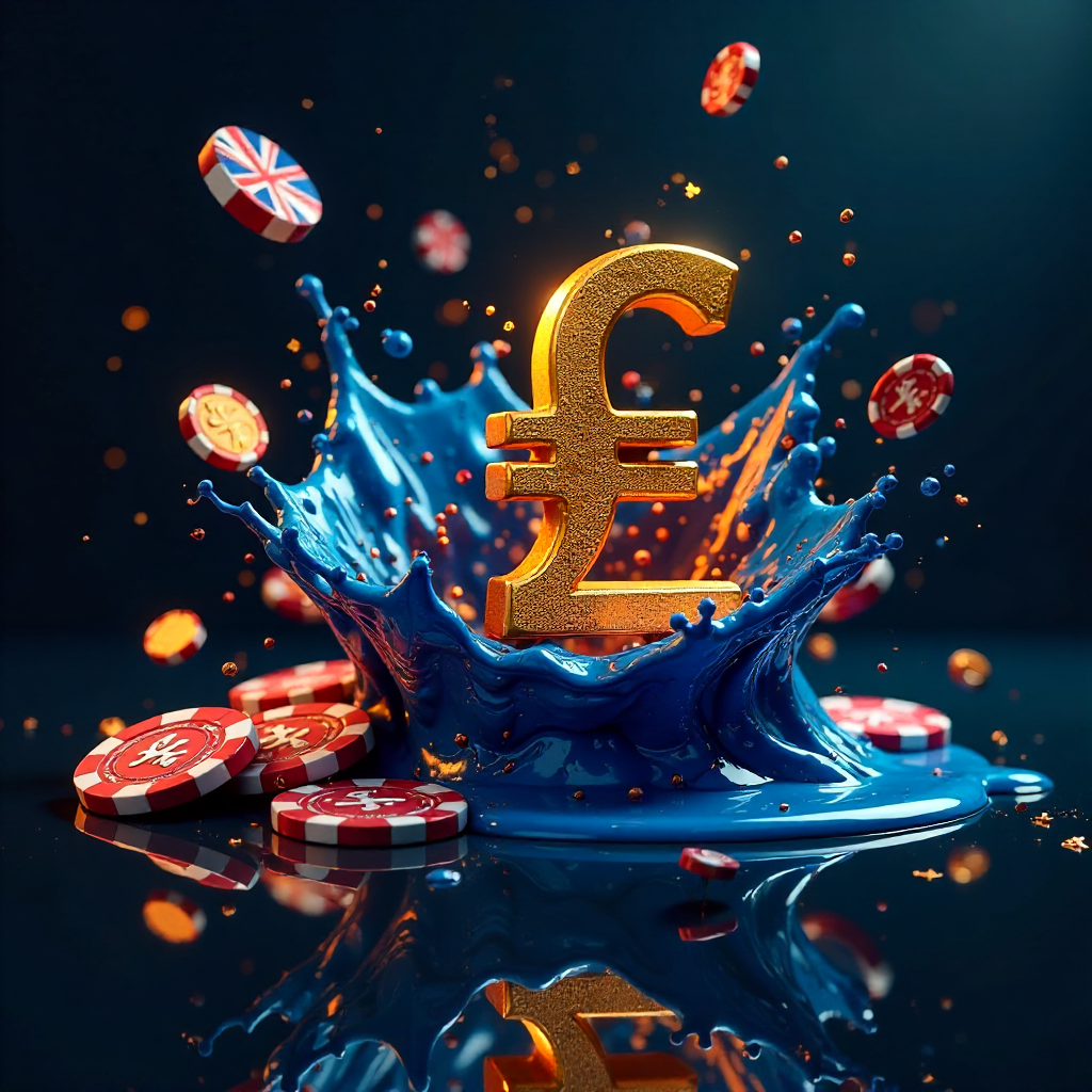 Dynamic liquid metal explosion in royal blue and gold, swirling 3D golden British Pound symbols and casino chips, subtle Union Jack patterns made of light in the background, dark charcoal reflective surface, high-tech financial gambling art, sharp focus,